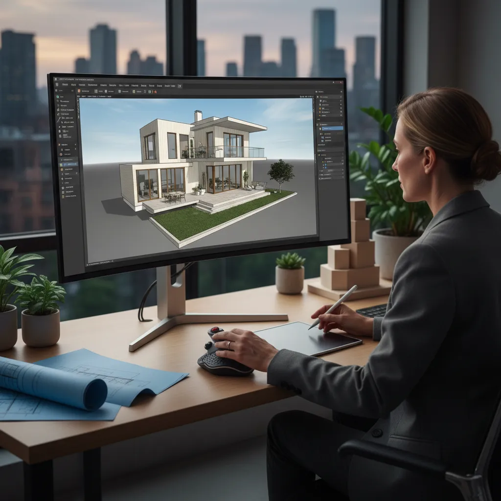 Designer using house design software on large monitor with stylus and blue paper on wooden desk