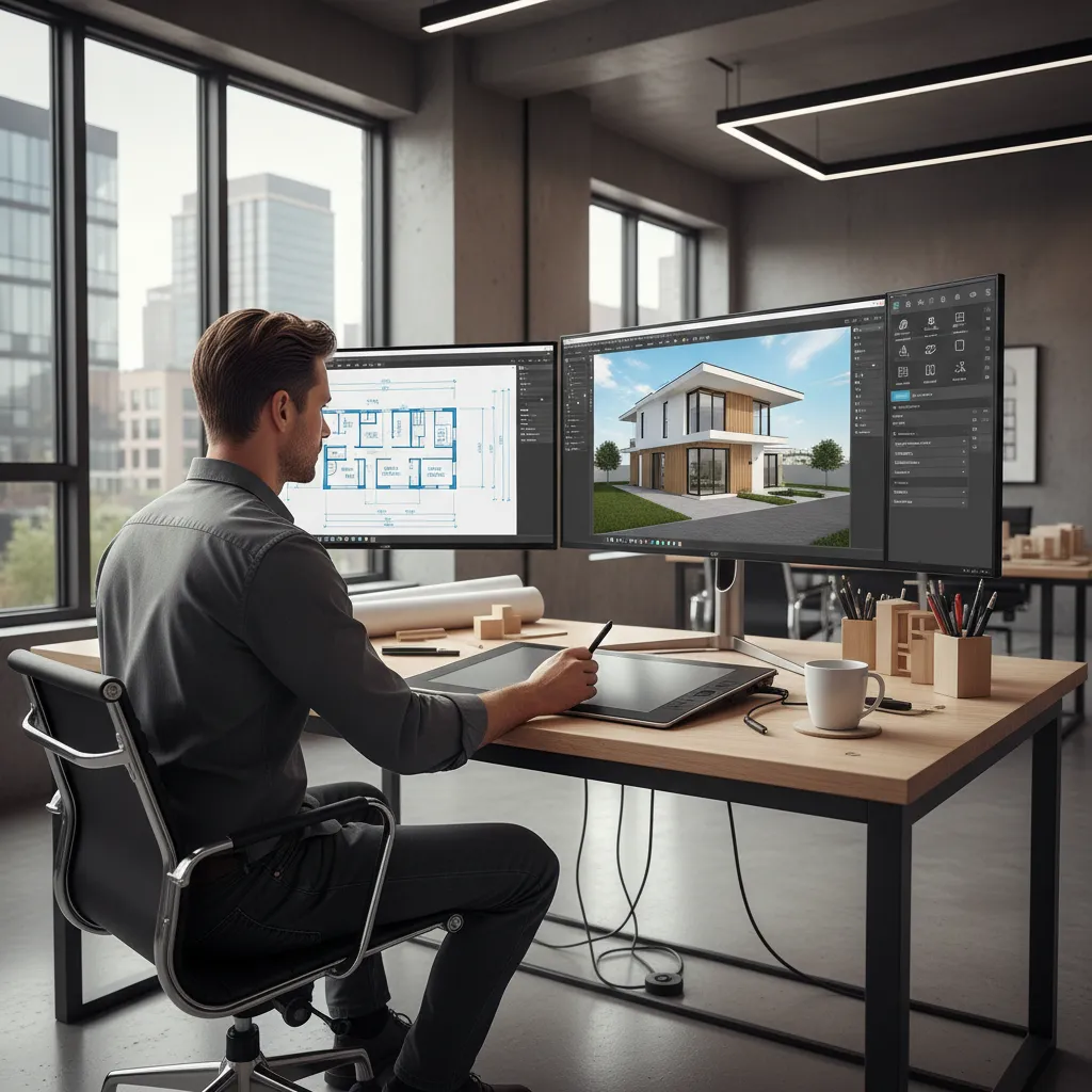 Designer creating a floor plan and interior design drawing using two computer monitors and tablet