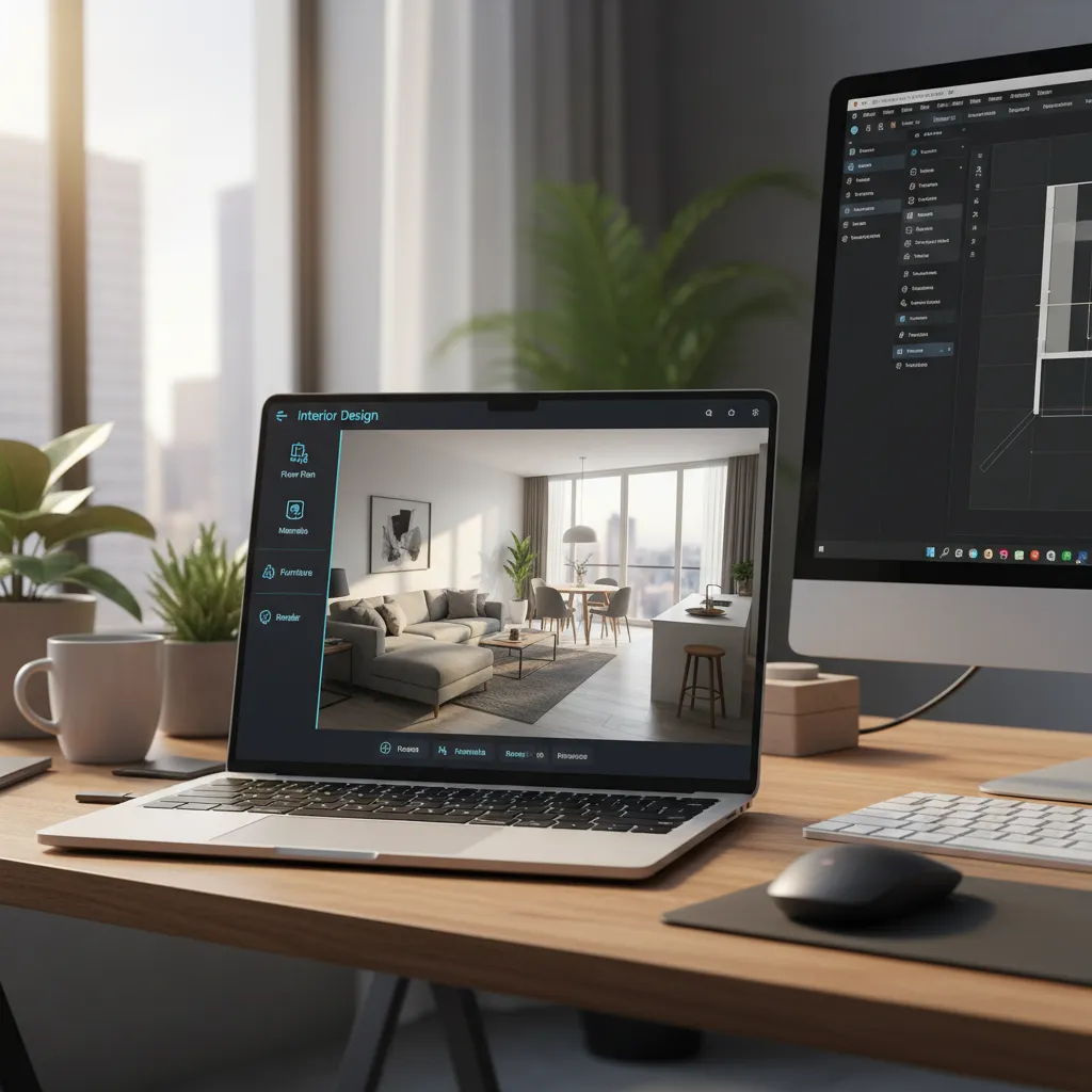 Interfaz de software mostrando diseño de casa en 3D con muebles