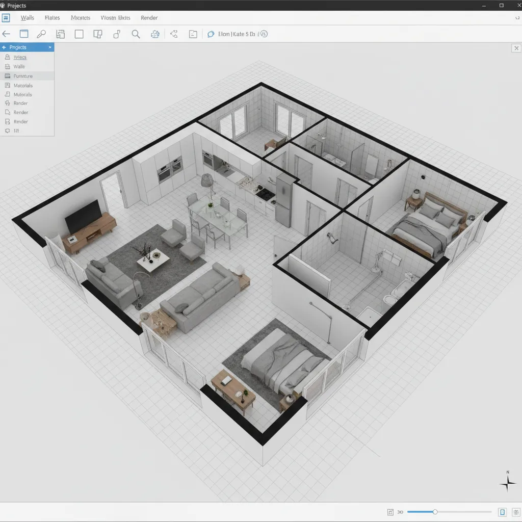 Plano de casa visualizado en 3D dentro de un software de diseño