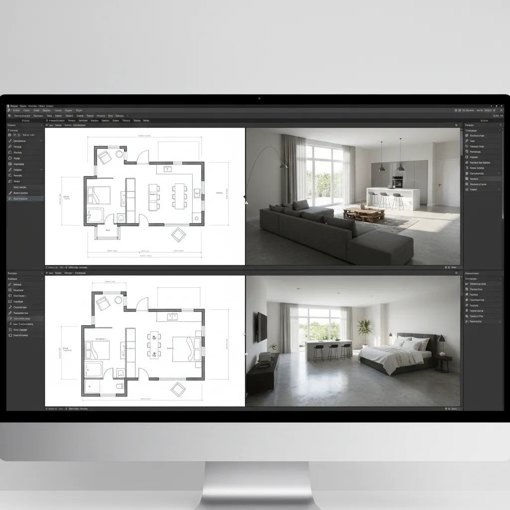 Interfaz de software mostrando plano de casa en 2D y modelo 3D simultáneamente