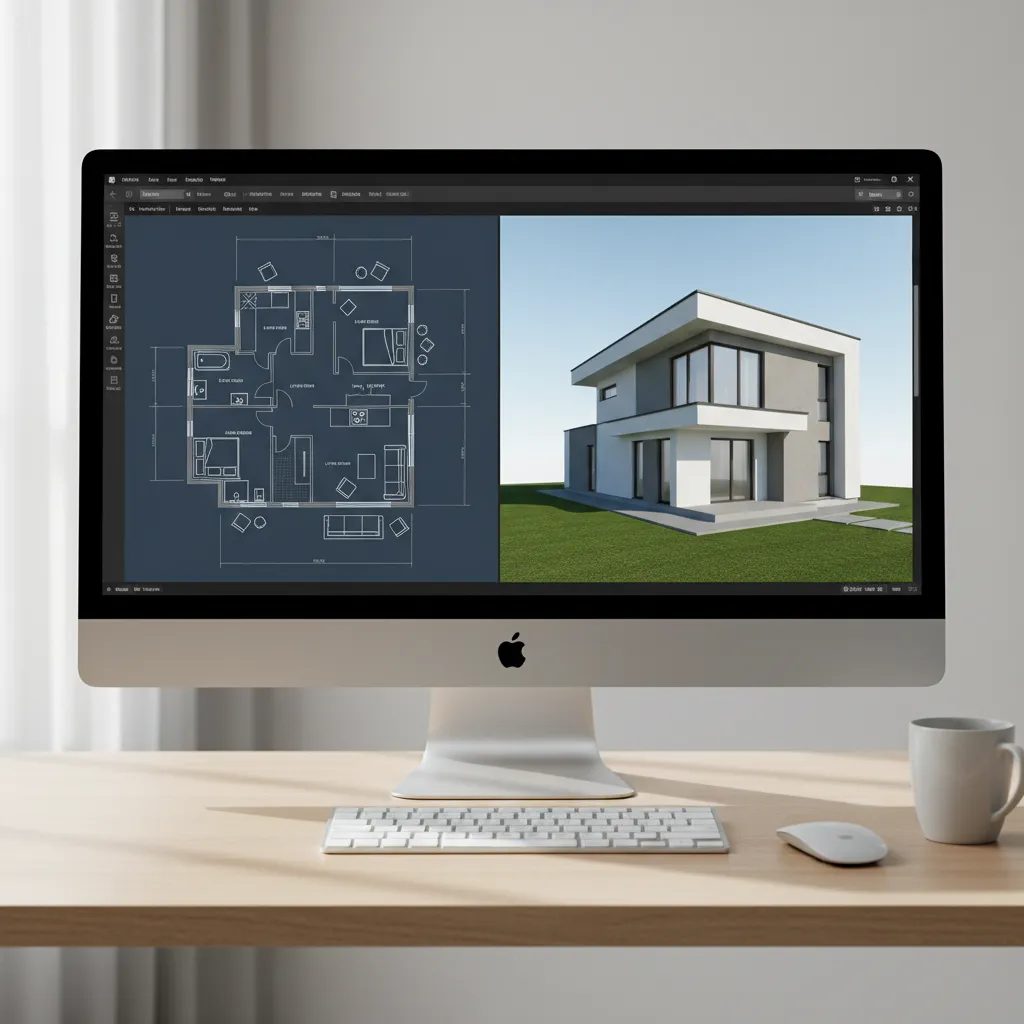 Computer screen showing a house floor plan and a model of a modern home layout