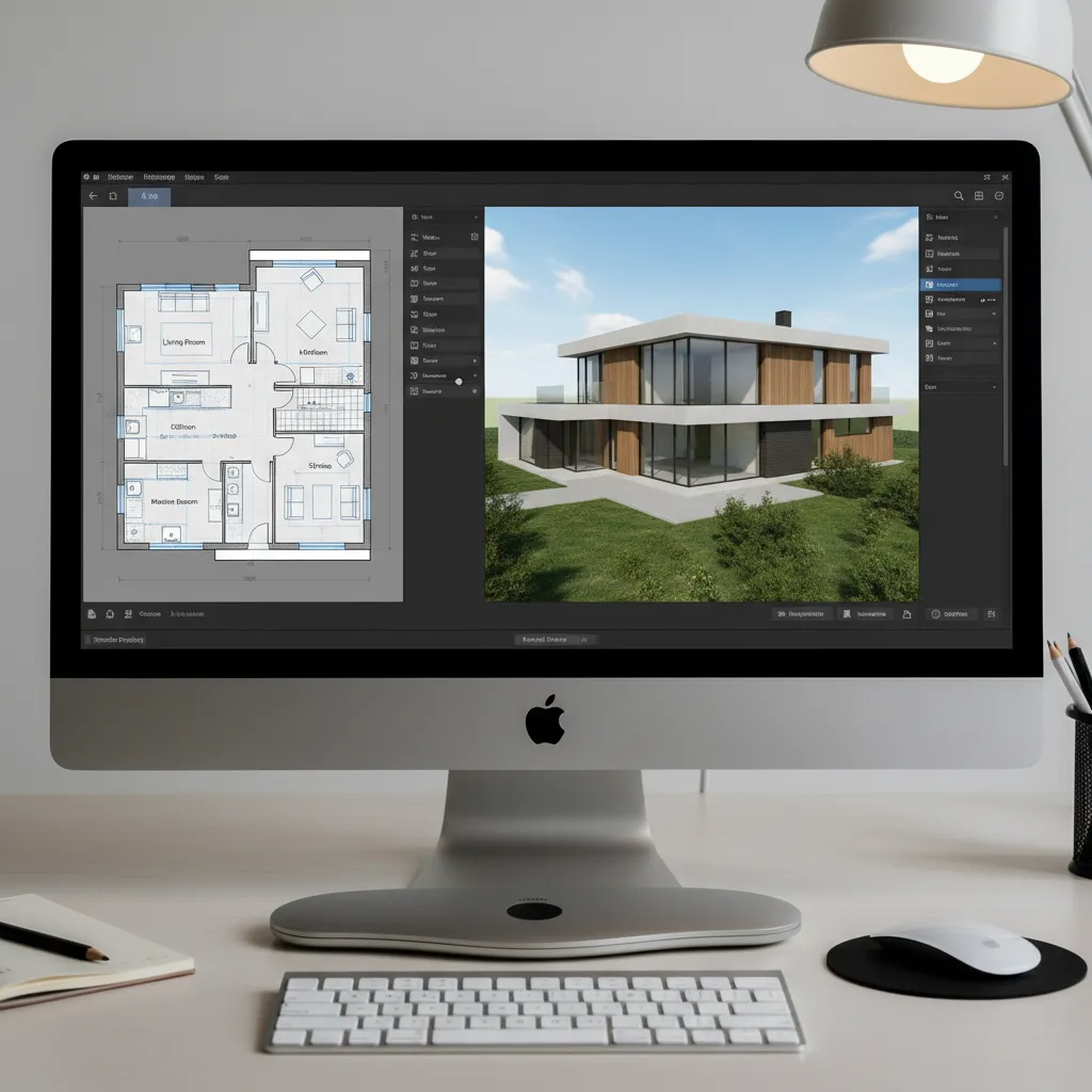 Coohom editor showing 2D floor plan and 3D house model on desk with white keyboard