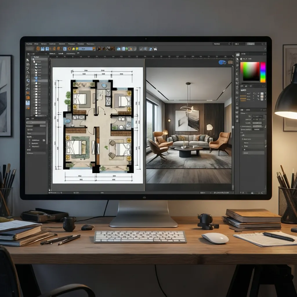 interfaz de software mostrando plano 2D y modelo de casa en 3D