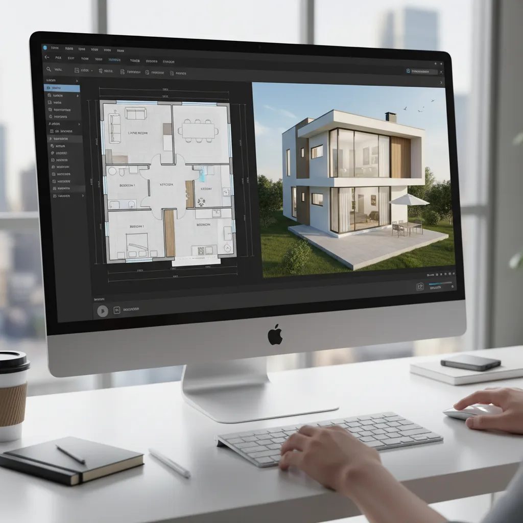 Interfaz de software de diseño de casas mostrando plano y modelo 3D