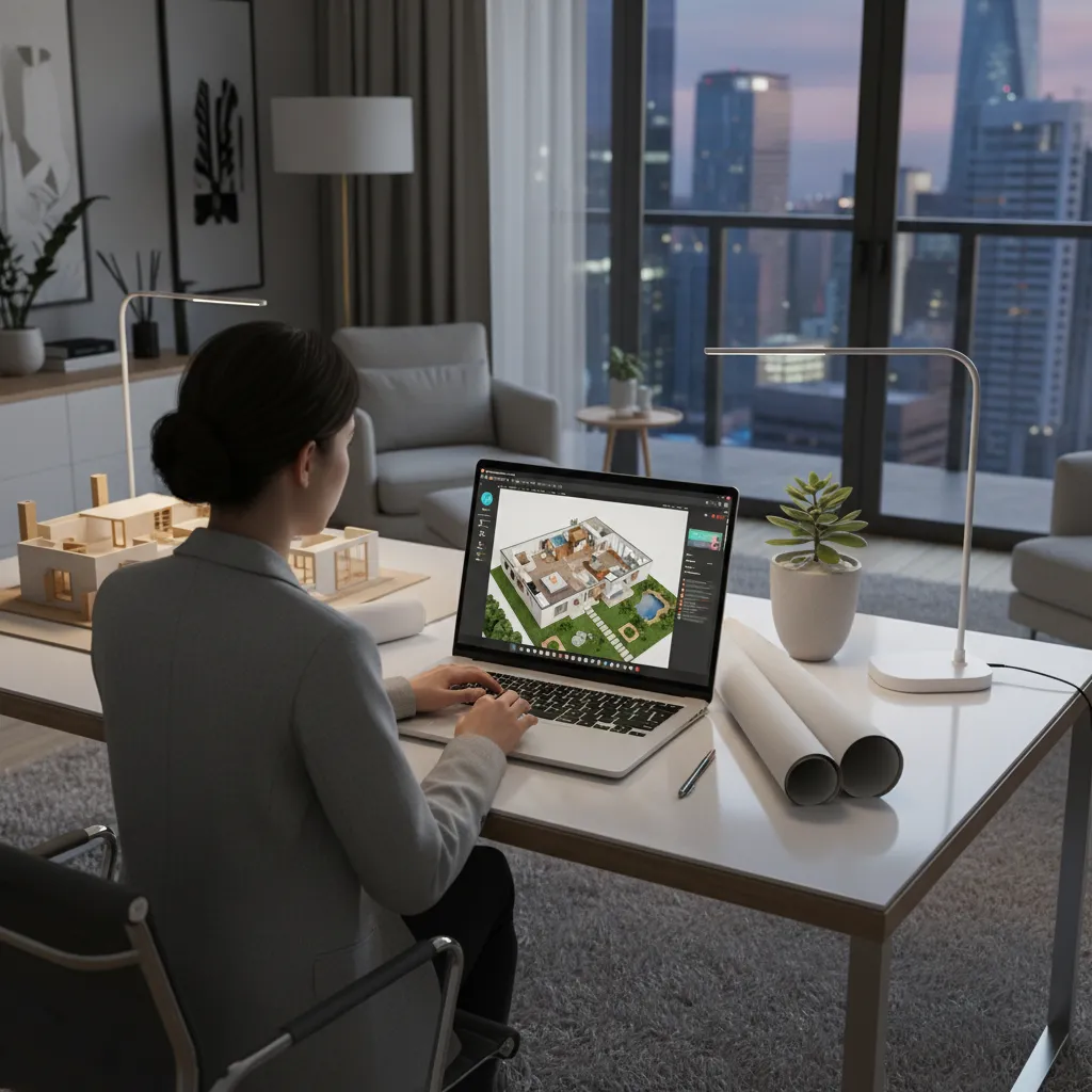 persona usando un programa de diseño de casa en 3D en un portátil