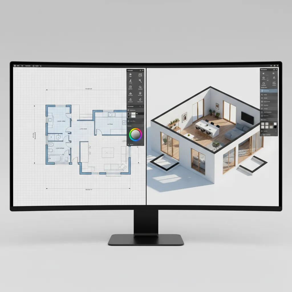 Interfaz de software mostrando plano de casa en 2D y vista 3D