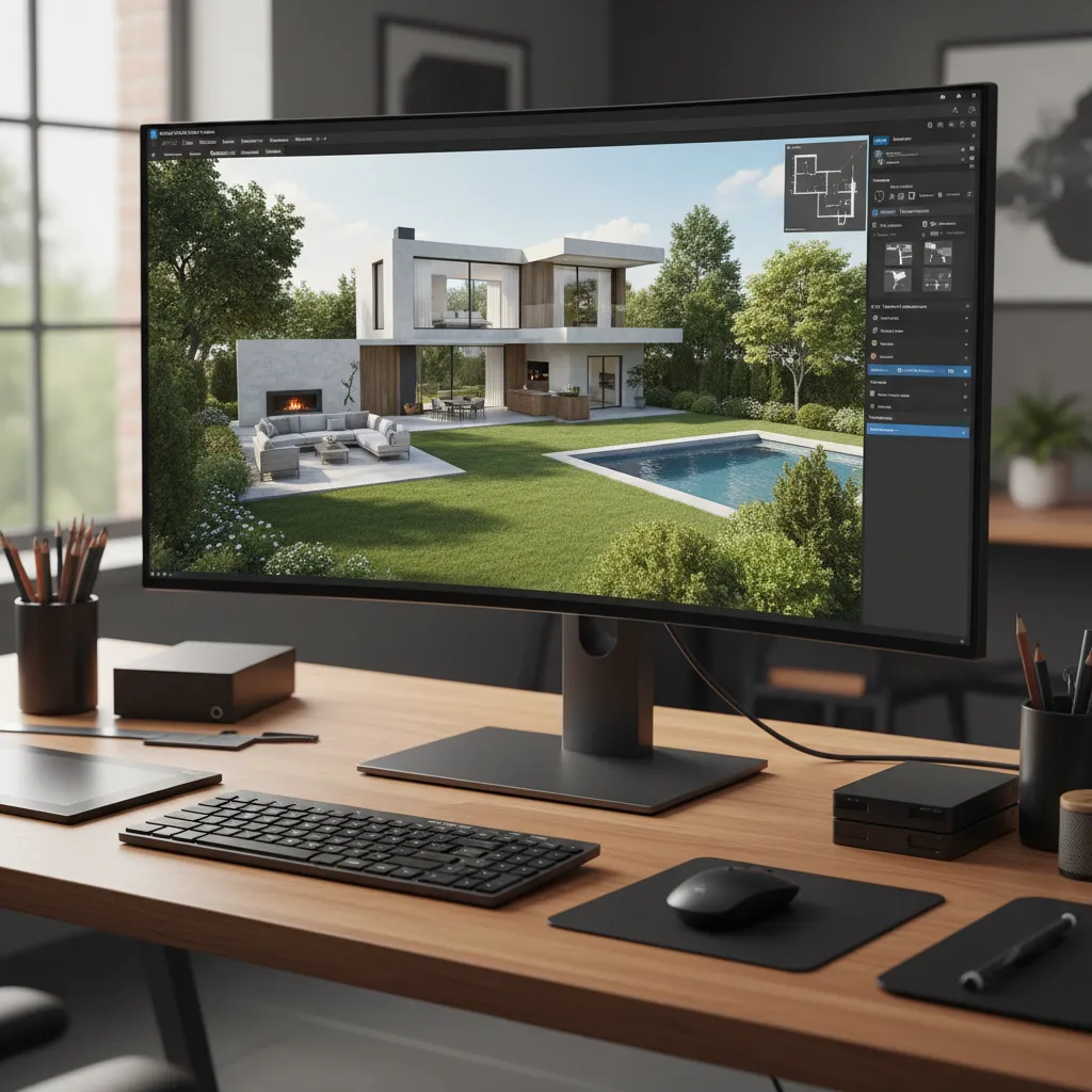 Pantalla de software mostrando plano de casa y jardín en 3D