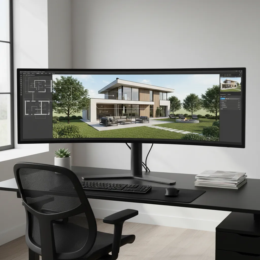 Wide computer monitor showing Coohom software with a house interior design drawing and 3D model