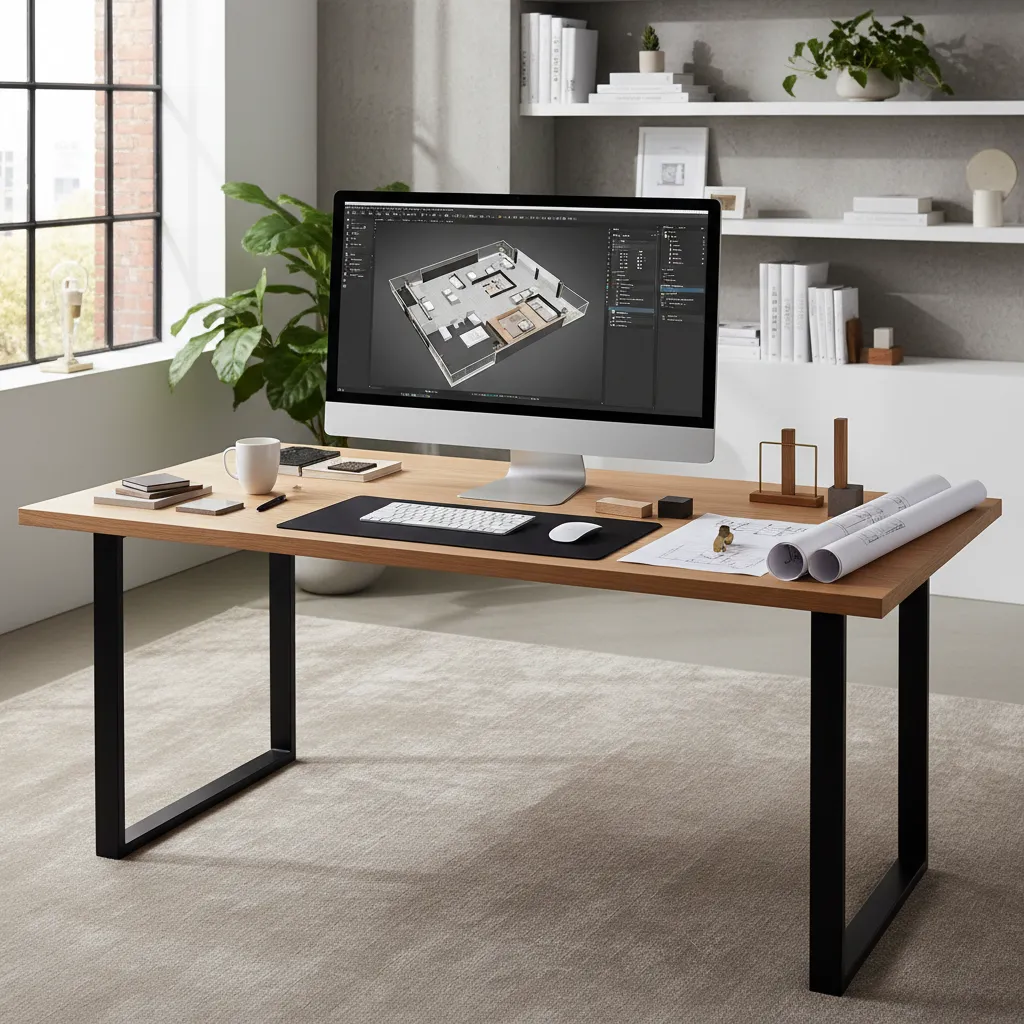 Desktop computer monitor displaying a 3D floor plan layout on a wooden table with plants