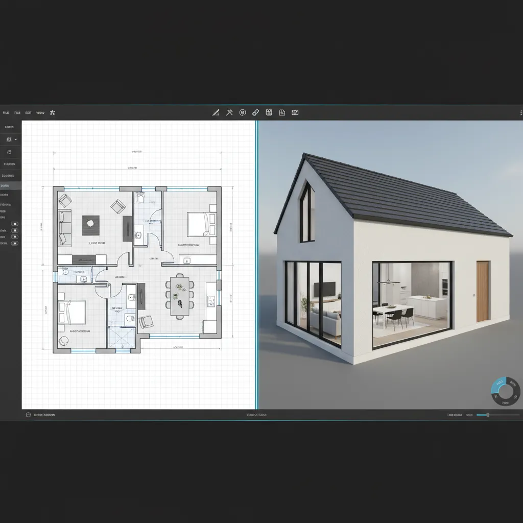 Interfaz de programa de diseño de casas mostrando plano y vista 3D