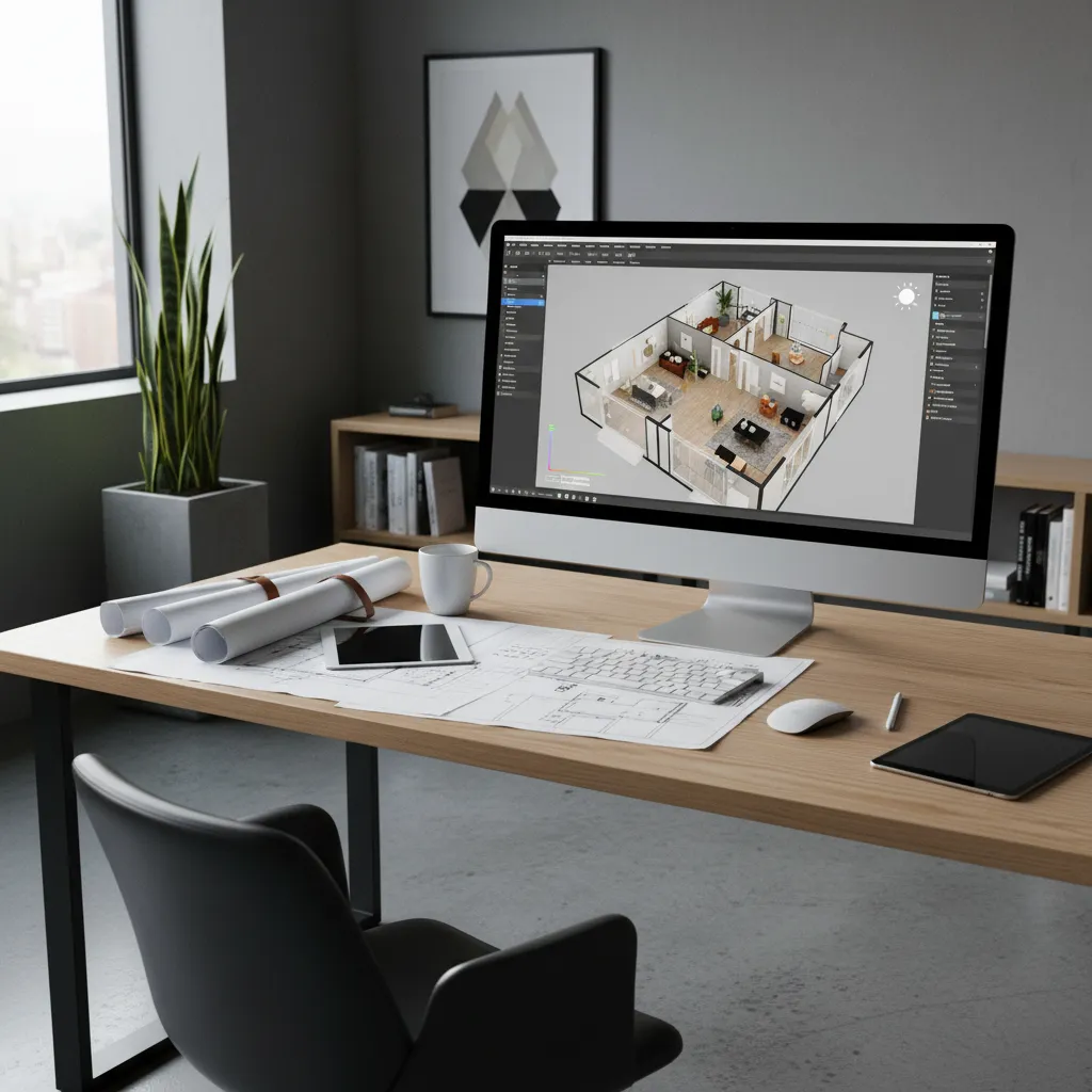 Computer monitor on a wooden desk displaying a modern three-dimensional house interior design layout drawing