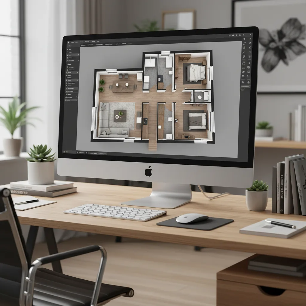 Pantalla de ordenador mostrando plano de casa en 3D