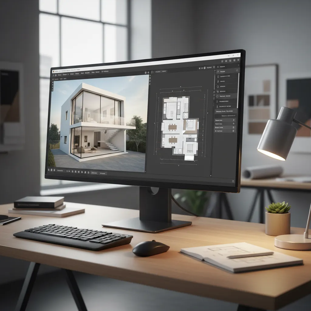Computer screen on wooden desk displaying a 3D house exterior design and 2D floor plan