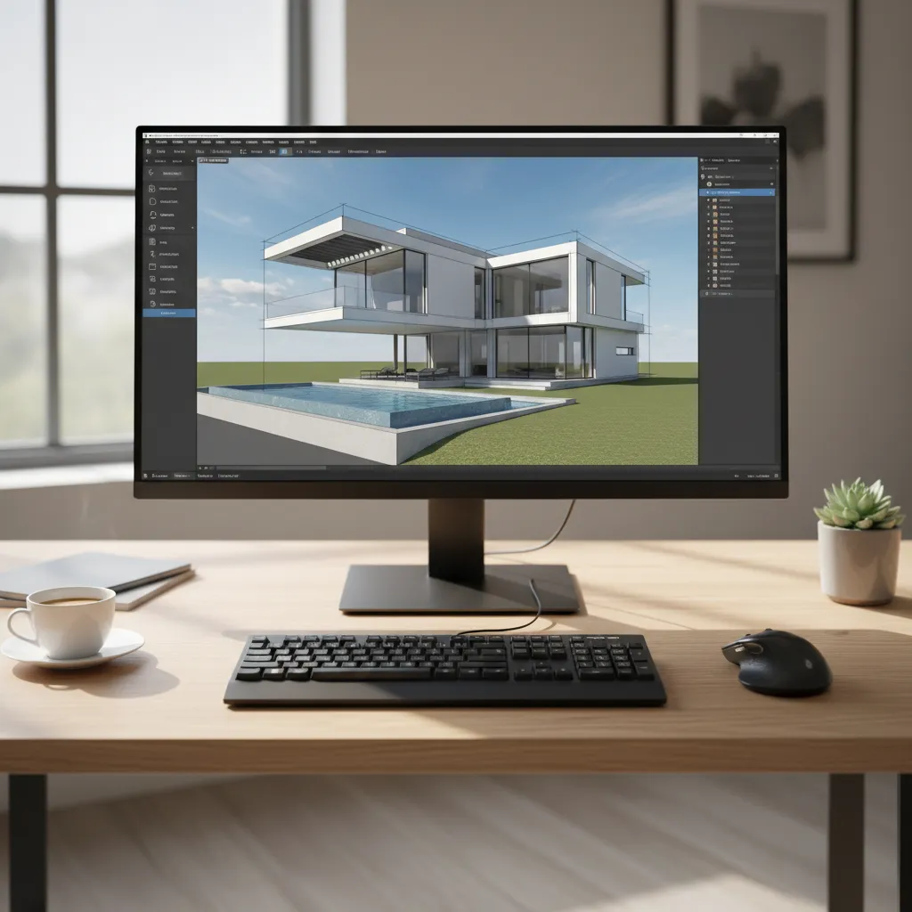 Pantalla de ordenador mostrando un modelo 3D de una casa en proceso de diseño