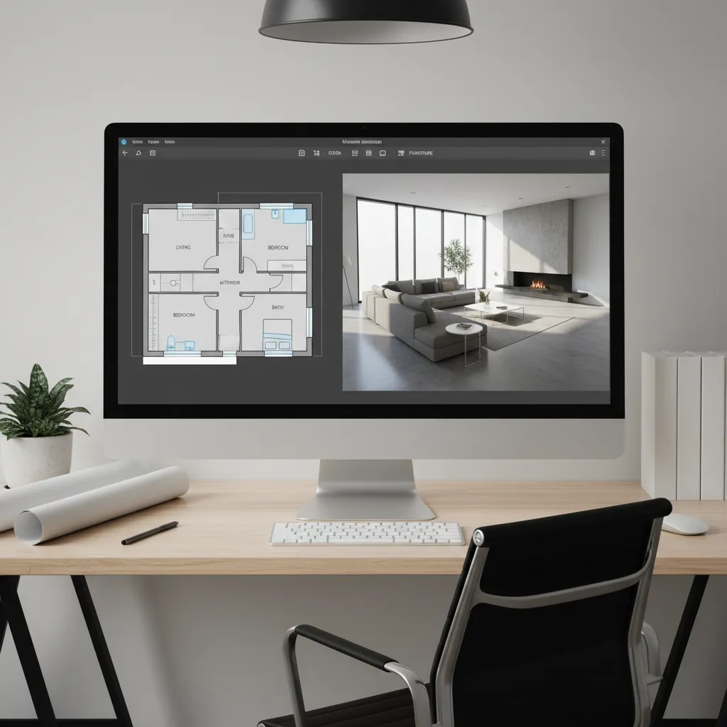 Interfaz de software mostrando plano de casa en 2D y vista 3D