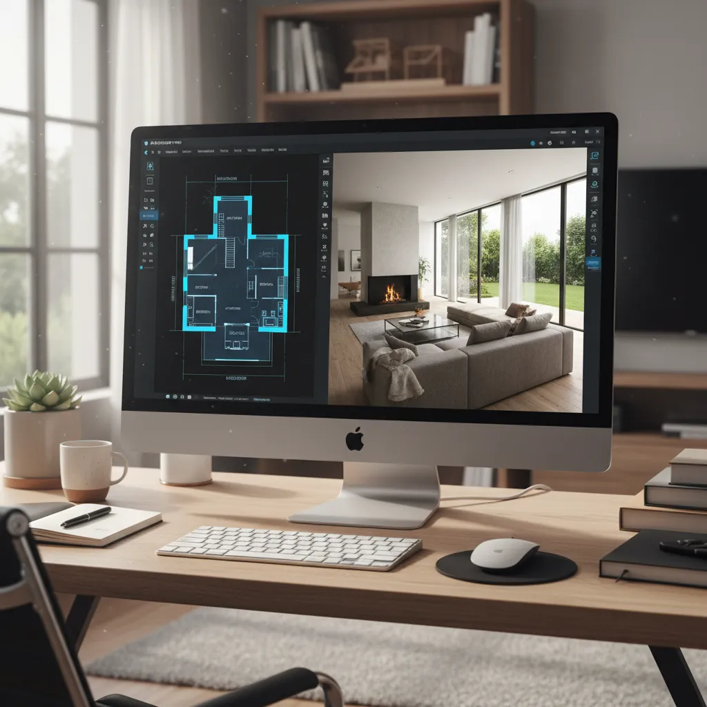 Interfaz de un programa de diseño de casas mostrando plano y modelo 3D