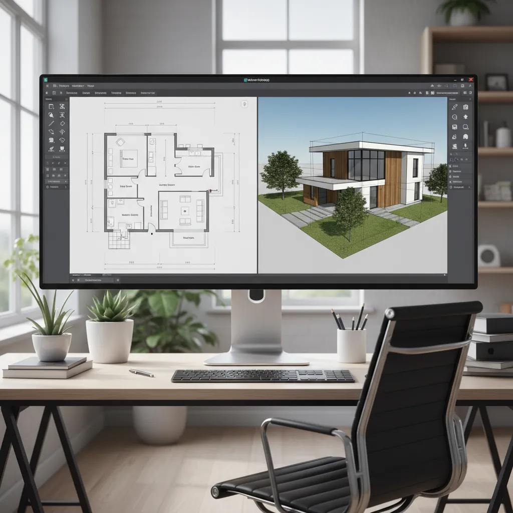 Computer screen showing a two dimensional floor plan next to a three dimensional house design
