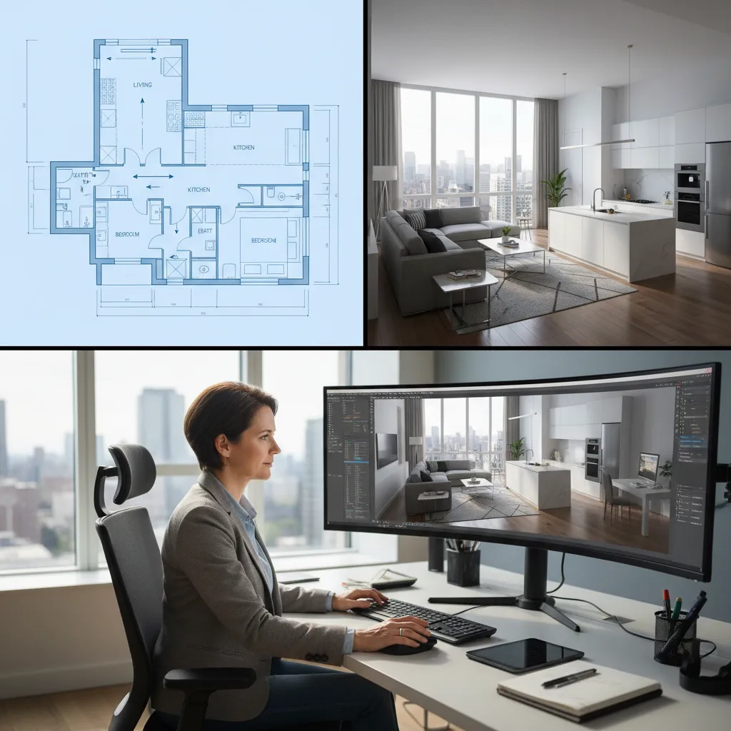 Interfaz de un software de diseño de interiores mostrando plano y vista 3D