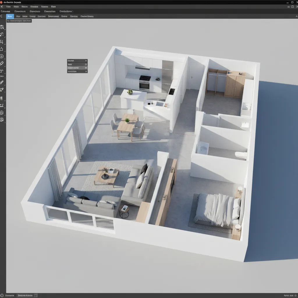 Interior design drawing showing a modern apartment floor plan with kitchen living room and bedroom