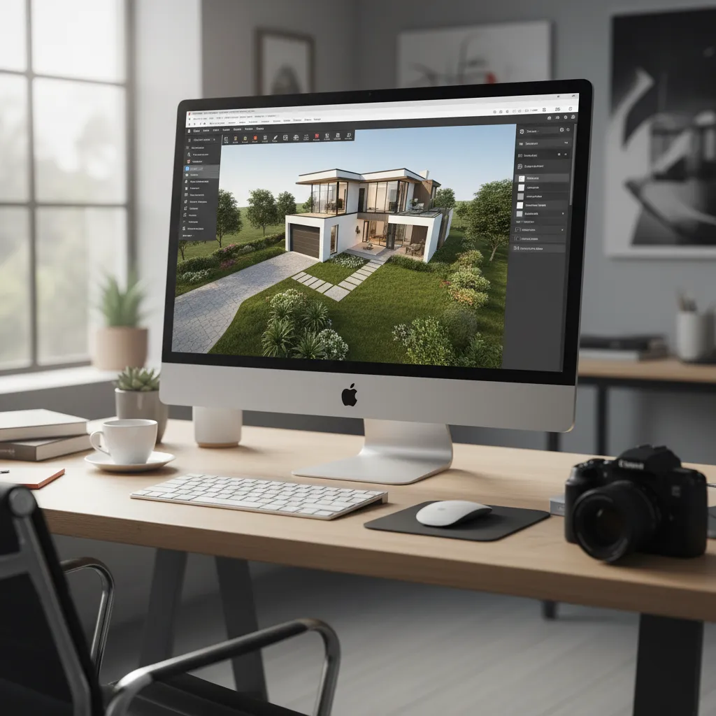 Desktop computer showing a modern white house and green garden within an interior design drawing
