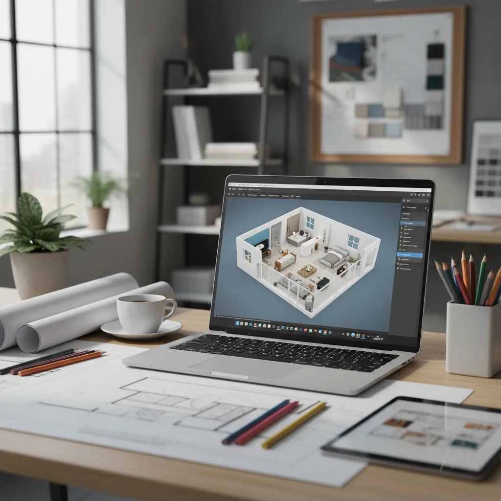 Laptop on a desk showing a 3D interior design drawing with blueprints and office supplies