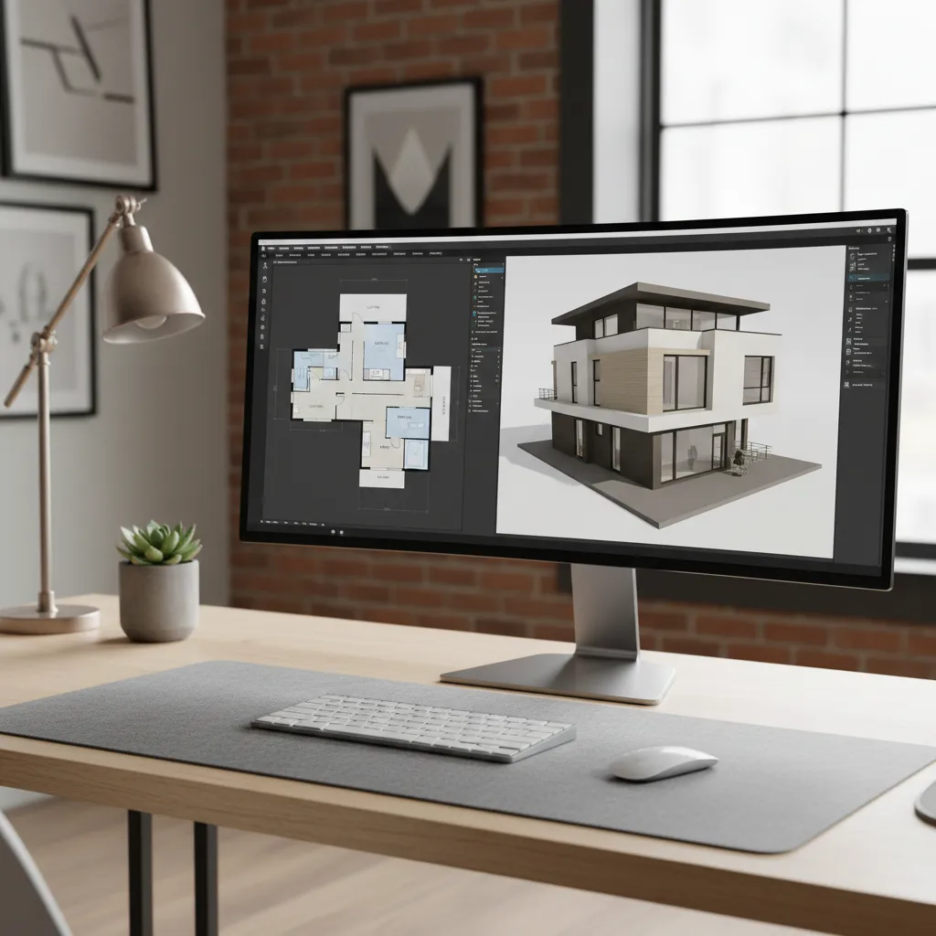Computer monitor showing a house floor plan and 3D interior design drawing on a desk