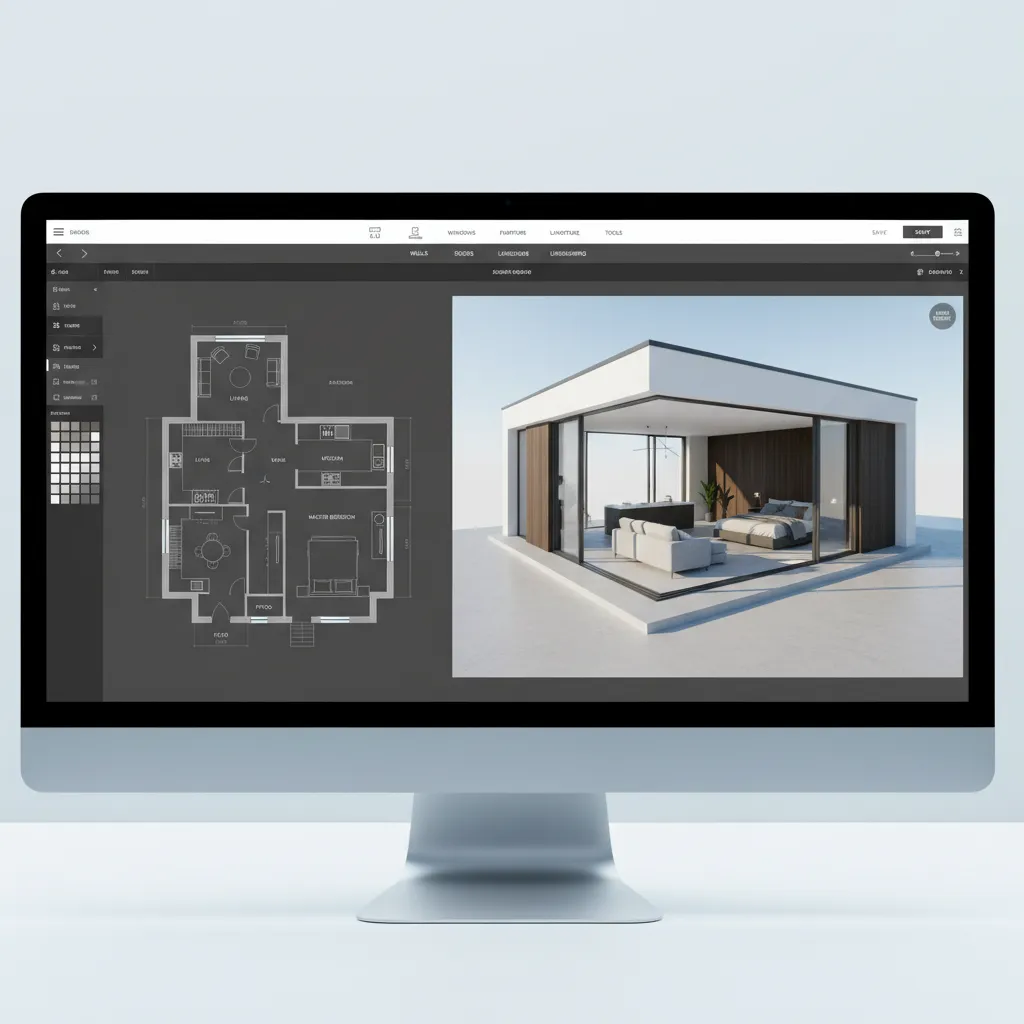 Interfaz de un programa de diseño de casas mostrando plano y vista 3D