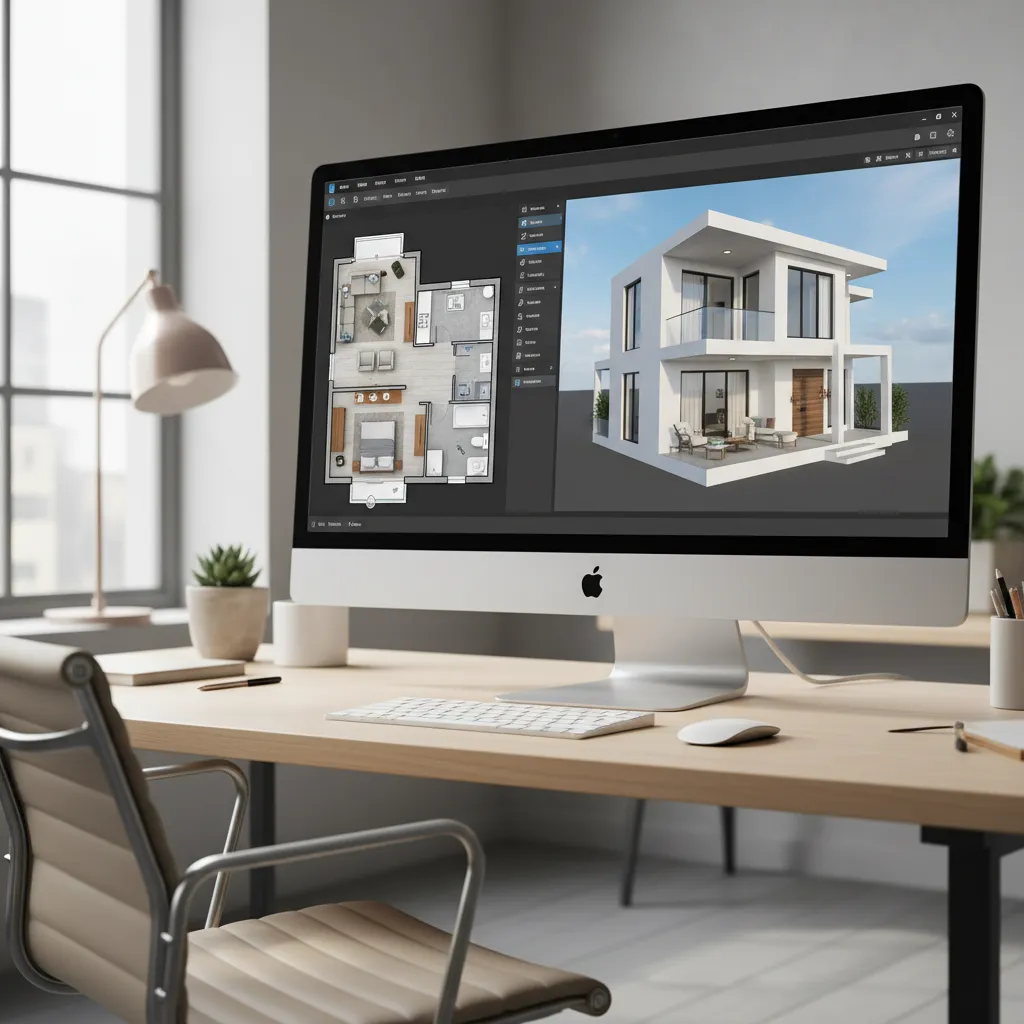 interfaz de programa de diseño de casas con plano 2D y vista 3D