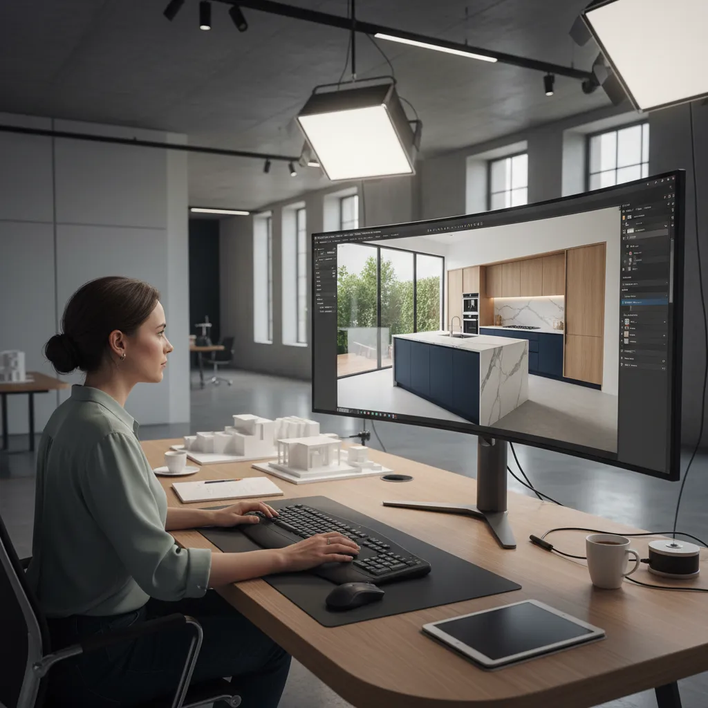 Diseñador utilizando software 3D para crear una cocina