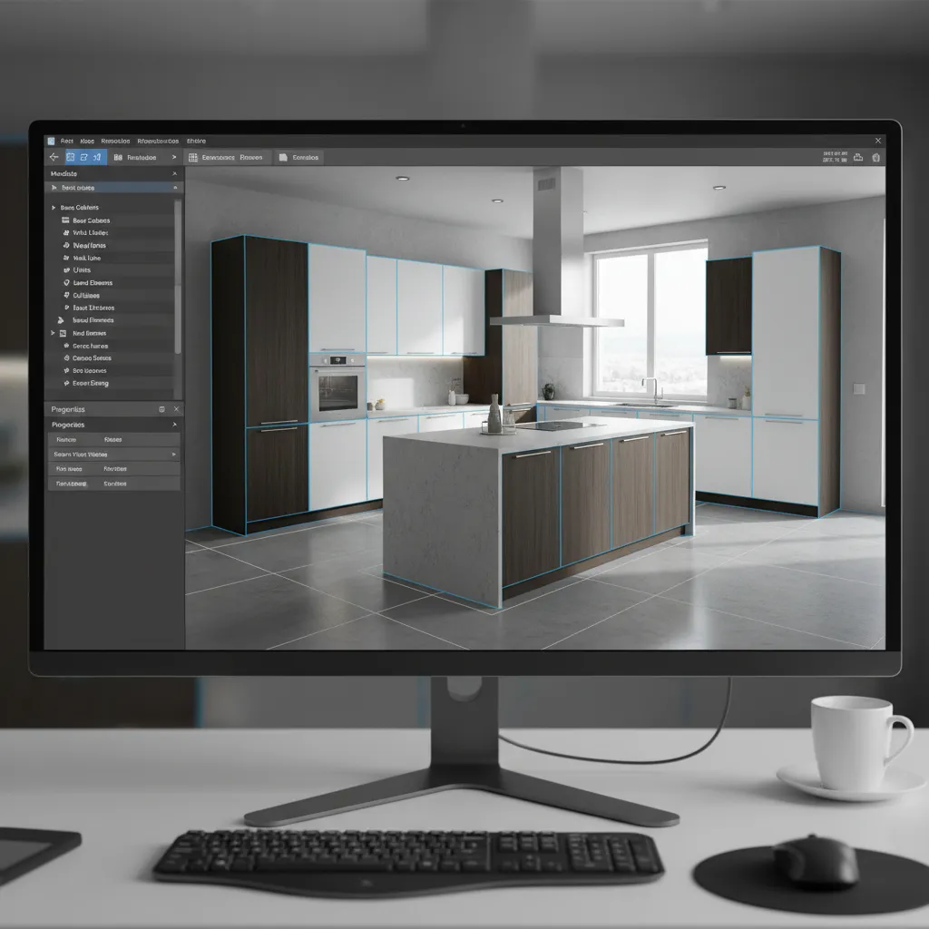 Computer monitor displaying Coohom kitchen design software with modern white and wood cabinets and island