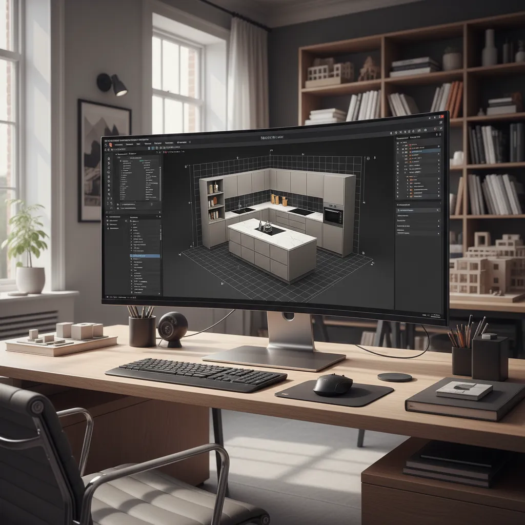 Wide computer monitor showing a 3D kitchen layout design software interface on a wooden desk