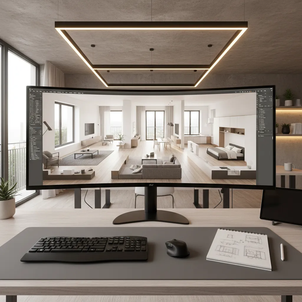 Pantalla de ordenador mostrando un modelo 3D de distribución interior de vivienda