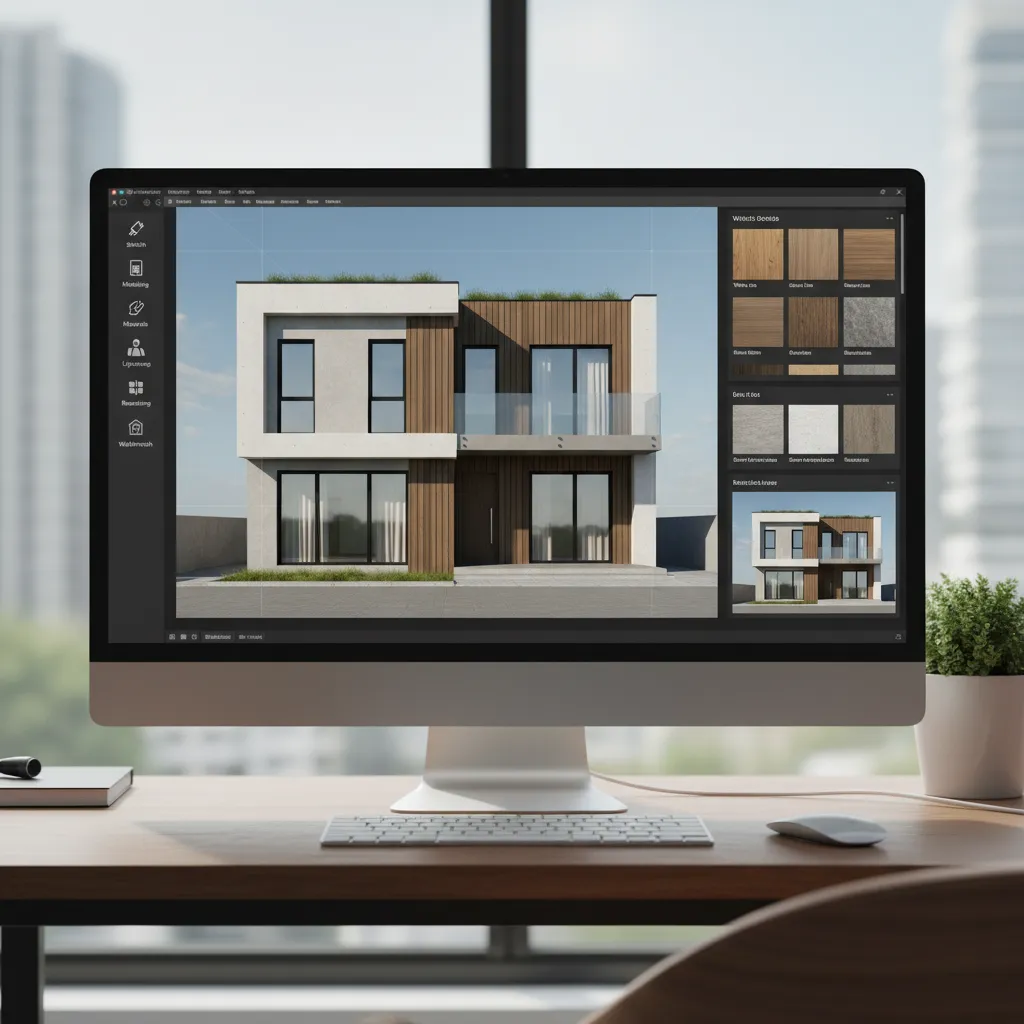 Interfaz de programa mostrando el diseño 3D de una fachada de vivienda