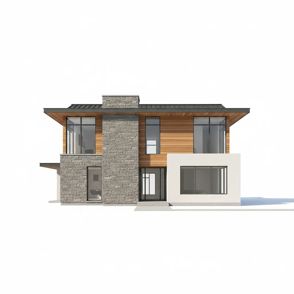 Modelo 3D de una casa moderna con diferentes materiales de fachada