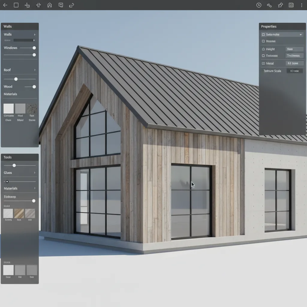 Interfaz de software mostrando modelo 3D de una casa con fachada editable