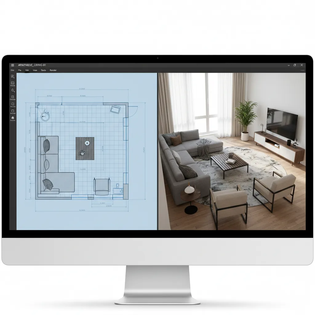 Interfaz de programa 3D mostrando diseño de salón con muebles y plano