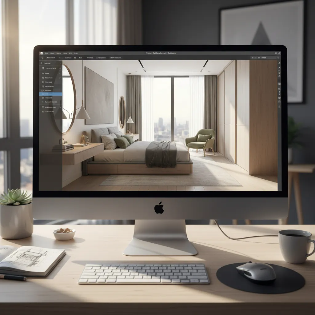 Pantalla mostrando el diseño 3D de una habitación con muebles