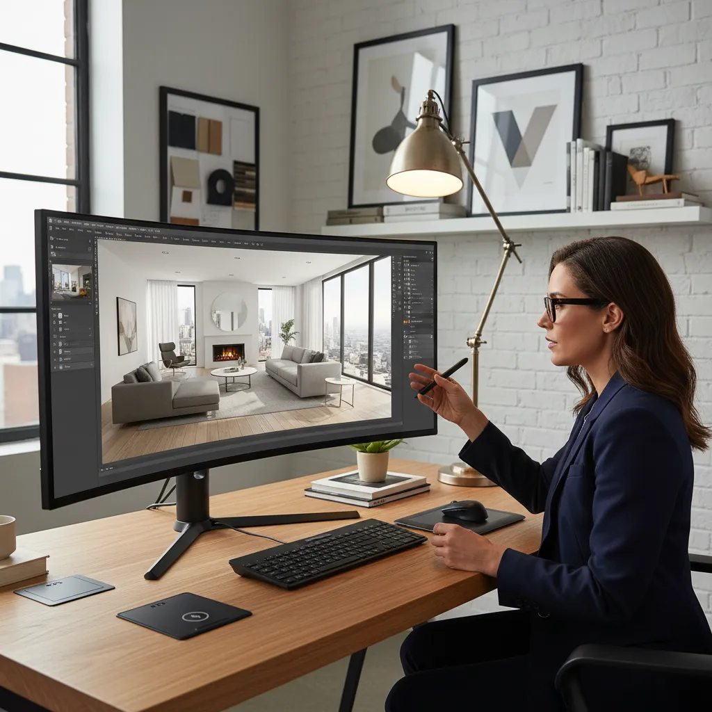 Diseñador utilizando software 3D para diseñar una sala de estar