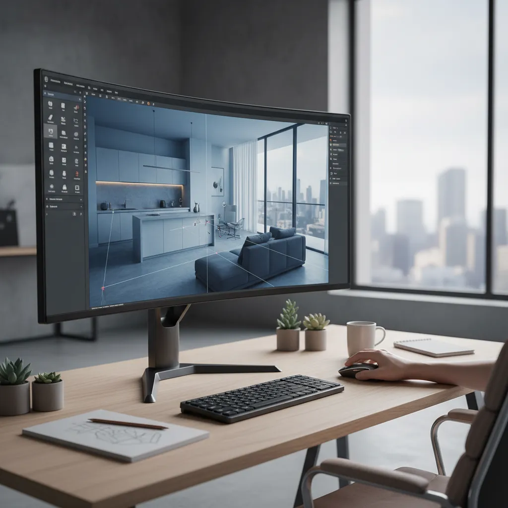 Pantalla mostrando un software de planificación de interiores en 3D