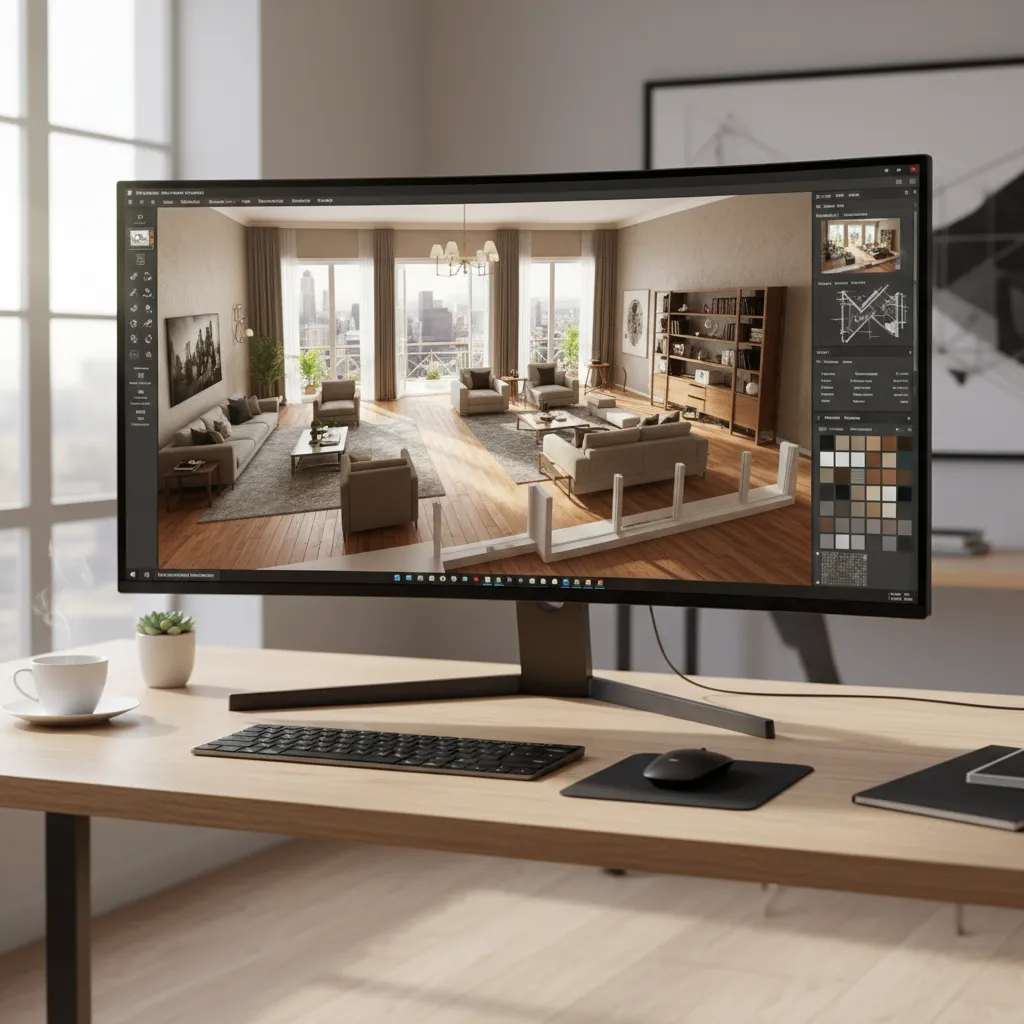 Pantalla de ordenador mostrando plano de vivienda en 3D con muebles y distribución interior