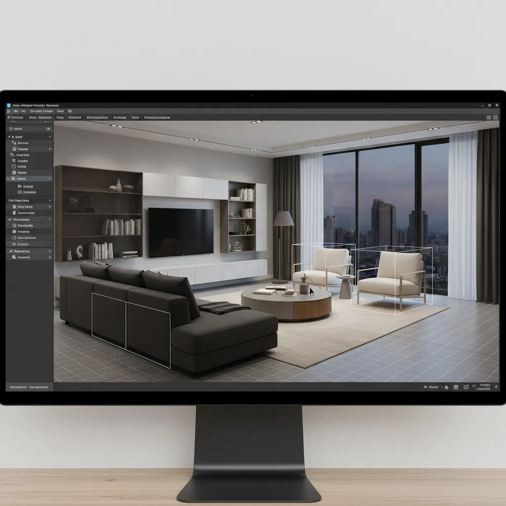 Interior design software on computer screen editing modern living room with grey sofa and large windows