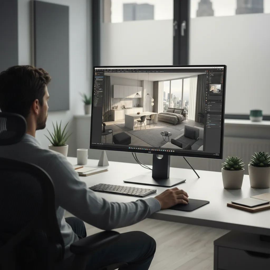 Pantalla de ordenador mostrando un modelo 3D de un apartamento