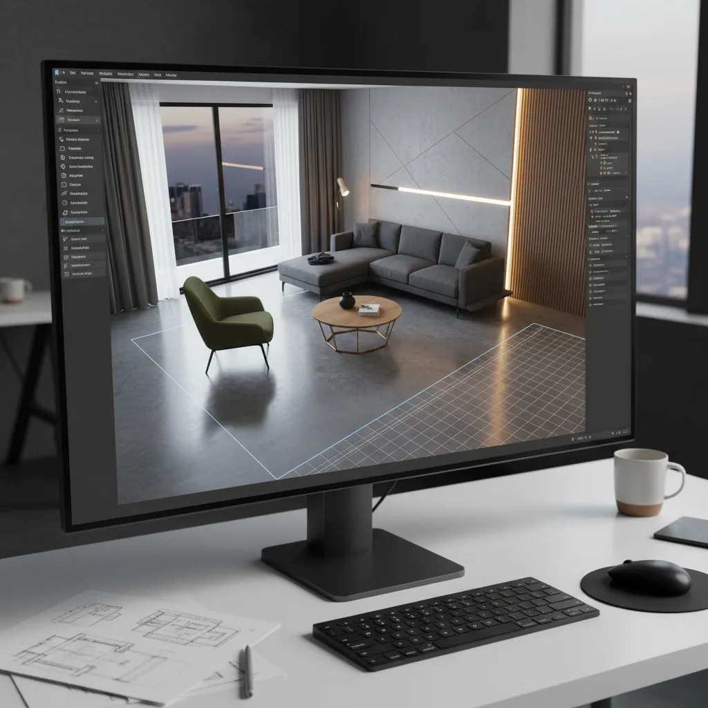 software de diseño interior 3D mostrando un salón modelado digitalmente