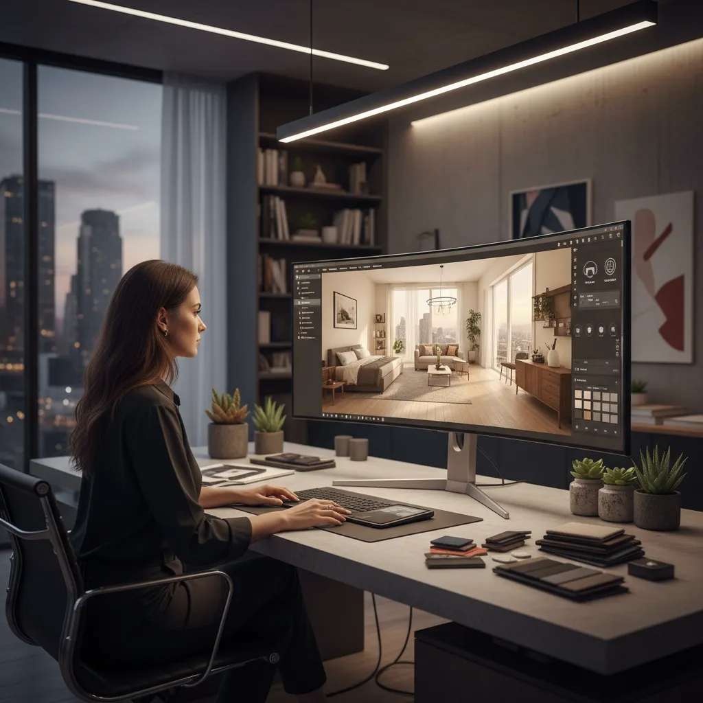Woman using software on a large curved monitor to create a modern interior design drawing