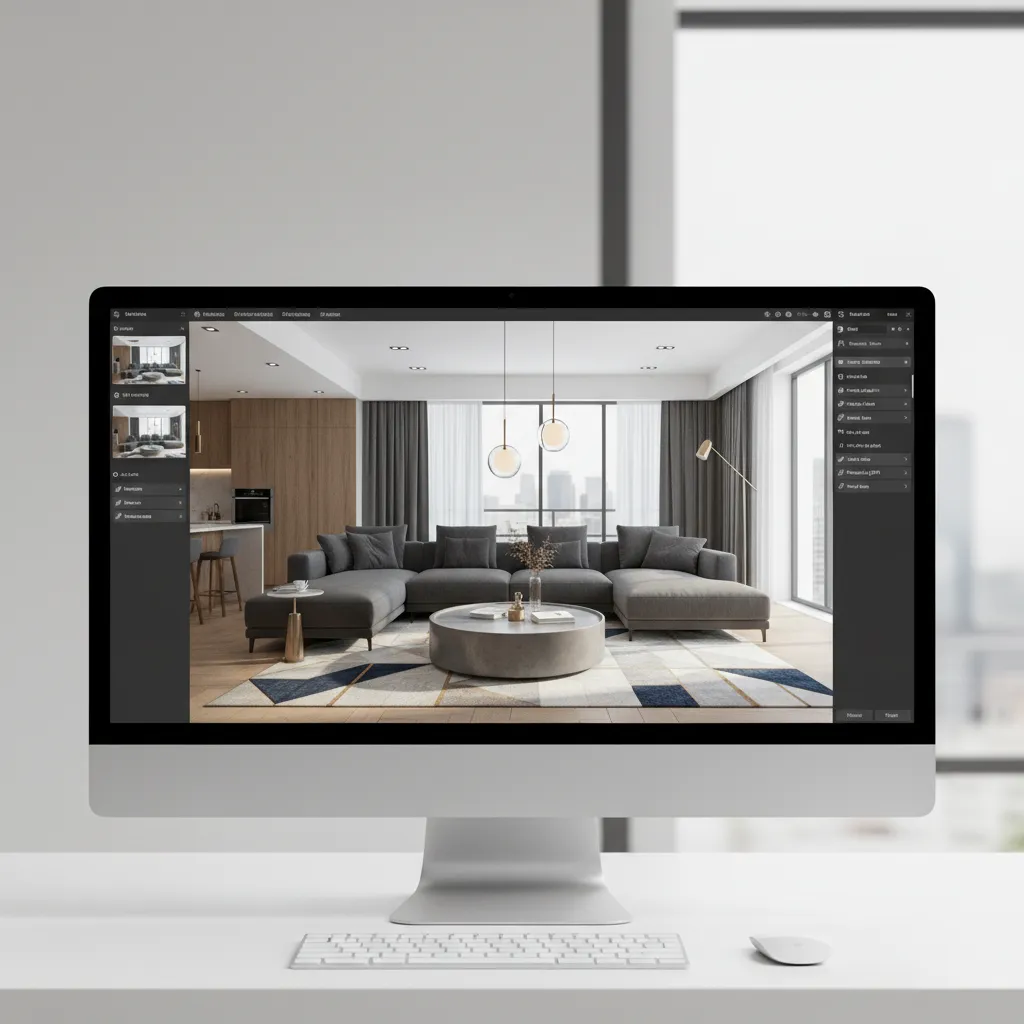 interfaz de software mostrando diseño de salón en 3D con muebles