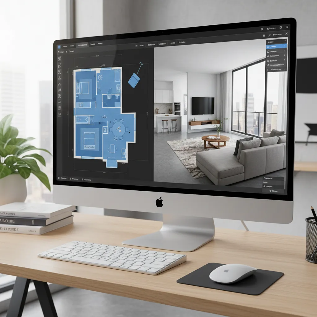 Interfaz de programa de diseño interior mostrando plano y vista 3D
