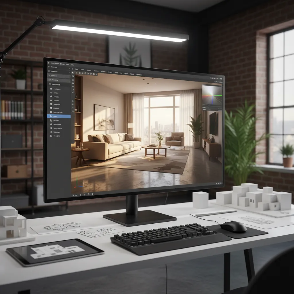 Pantalla de ordenador mostrando un diseño interior 3D de un apartamento