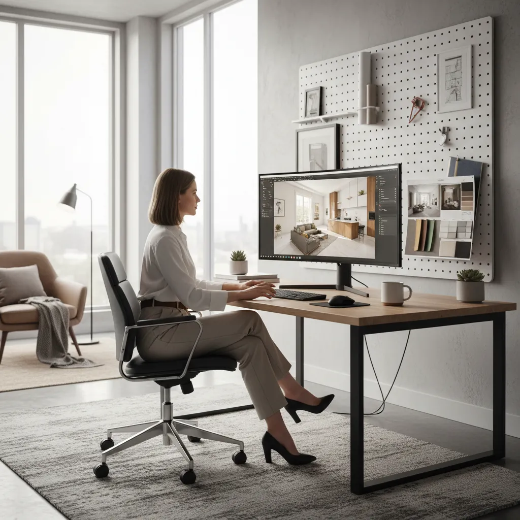 Woman sitting at a desk using interior design software to create a modern room layout design