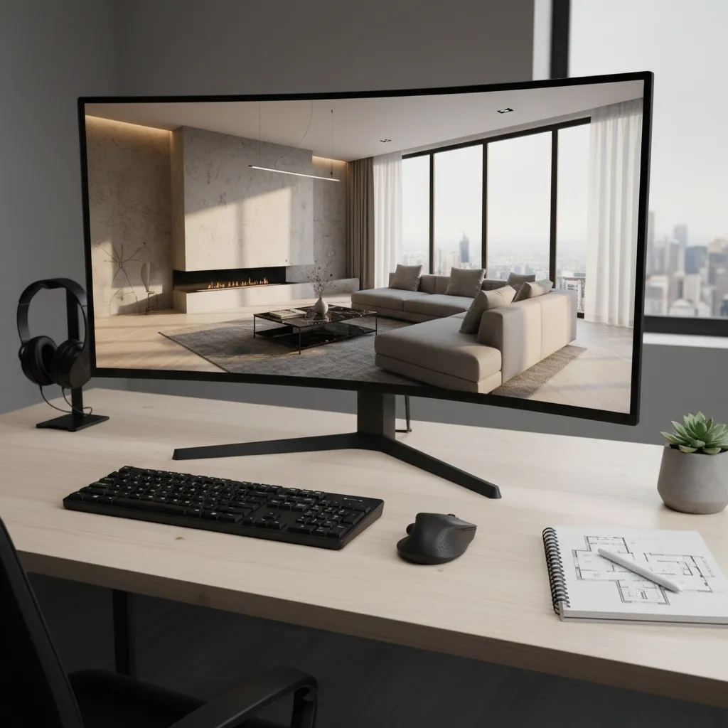 Pantalla de ordenador mostrando un modelo 3D de diseño interior